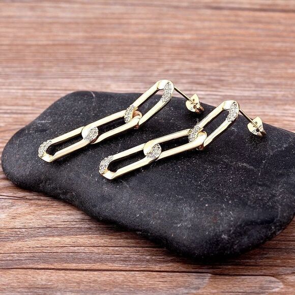 Brand New Gold Chain Link, Pave Detail Stud Dangle Earrings - Picture 1 of 8